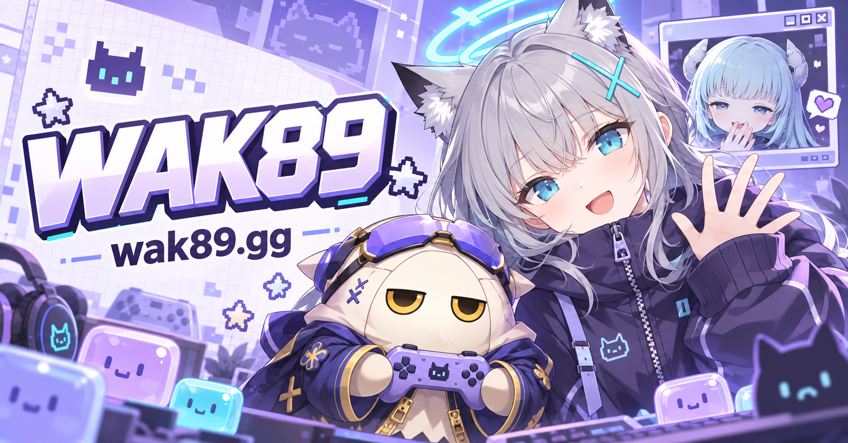 WAK89のマスコット、銀髪のアニメキャラクター、パステルゼリーが彩るラベンダー色のピクセル世界。